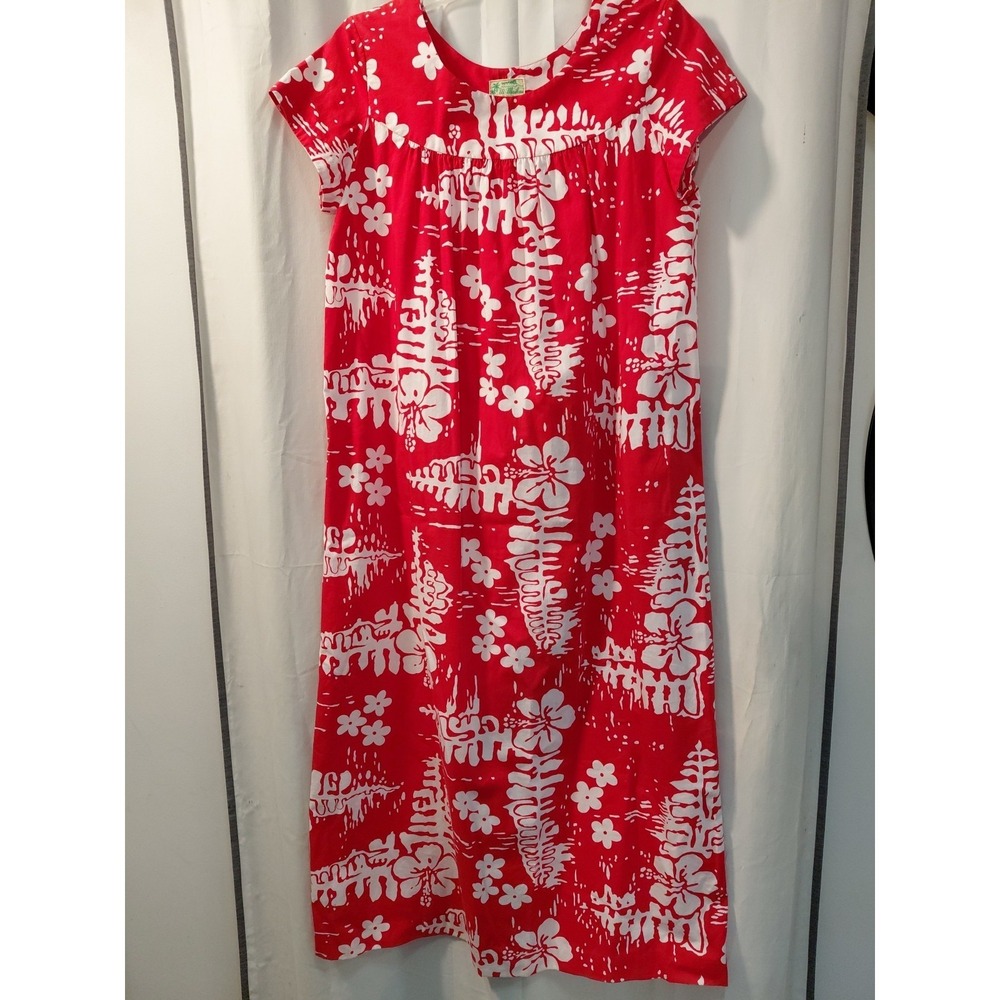 VTG Ui-Maikai Red White Hawaiian Caftan Muumuu Dress Women's Med  All Cotton